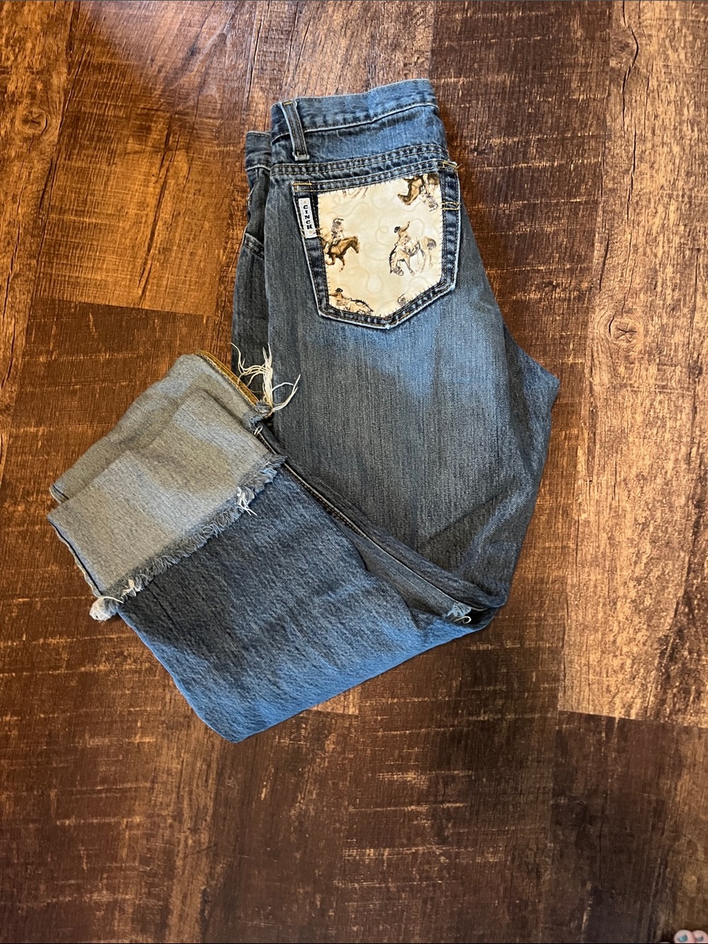 Size 28 Cuffed Blue Jeans with Horse Print Pocket